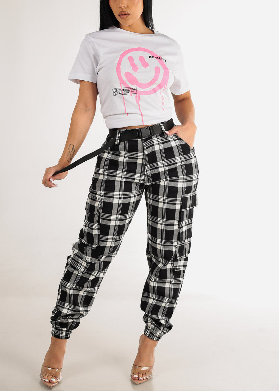 Belted High Waist Plaid Cargo Jogger Pants Black & White
