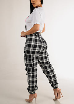 Belted High Waist Plaid Cargo Jogger Pants Black & White