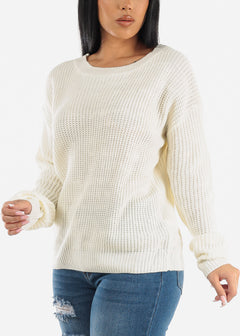 Back Lace Up Knit Long Sleeve Sweater Off White