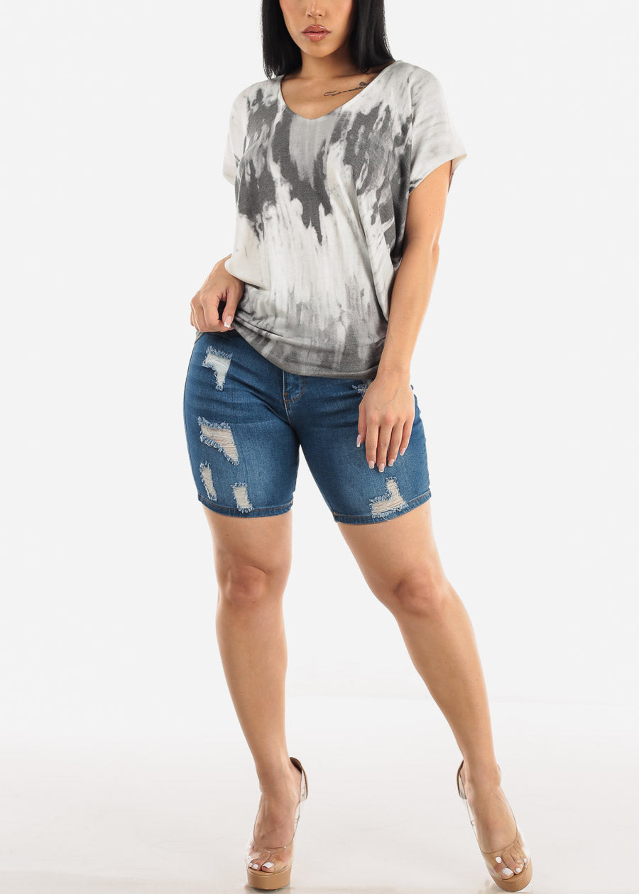 Short Dolman Sleeve Tie Dye Hacci Top White & Grey