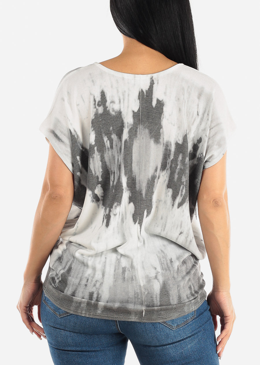 Short Dolman Sleeve Tie Dye Hacci Top White & Grey