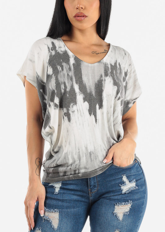 Short Dolman Sleeve Tie Dye Hacci Top White & Grey