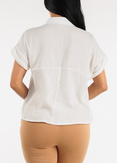 White Short Cap Sleeve Button Up Cotton Shirt