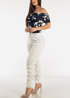 Drawstring Waist Ruched Jogger Pants Off White