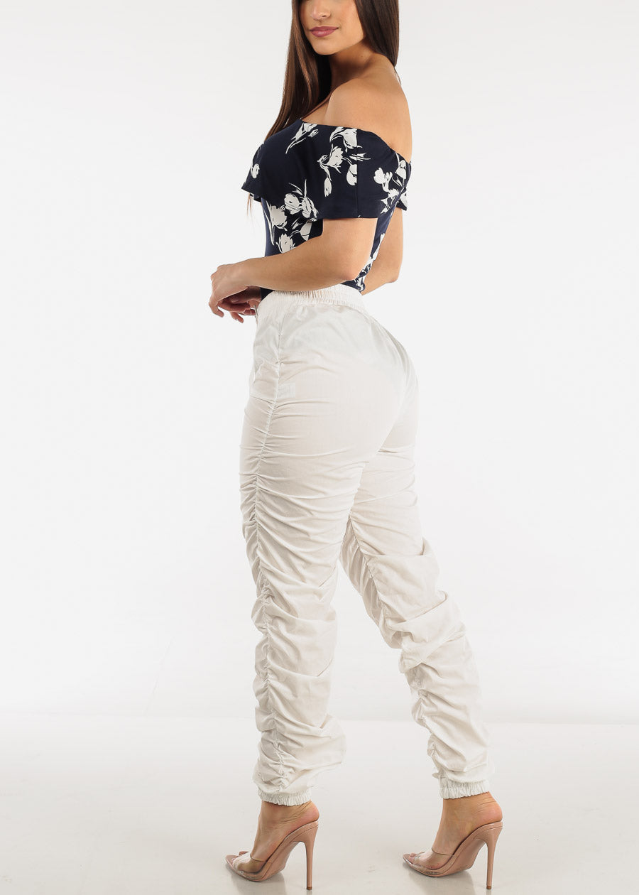 Drawstring Waist Ruched Jogger Pants Off White