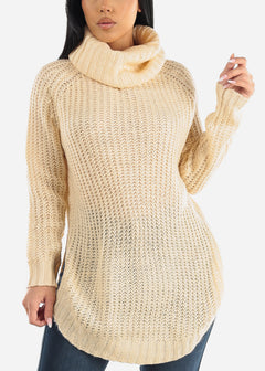 Long Sleeve Turtleneck Knitted Tunic Sweater Beige