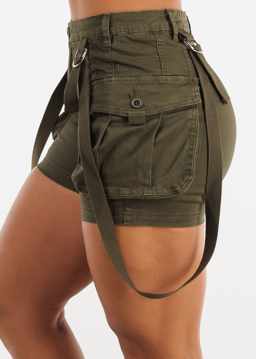 High Waisted Cargo Shorts Olive w Suspenders
