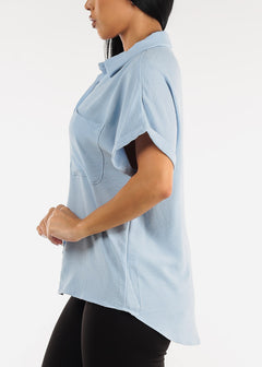 Short Sleeve Relaxed Fit Button Up Shirt Light Blue