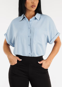 Short Sleeve Relaxed Fit Button Up Shirt Light Blue