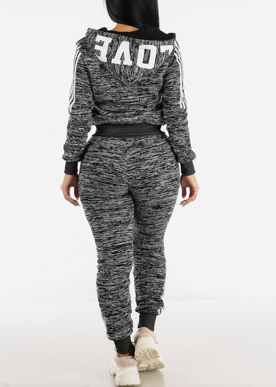 Printed Fleece Zip Up Hoodie & Jogger Sweatpants Charcoal ( 2 PCE SET)