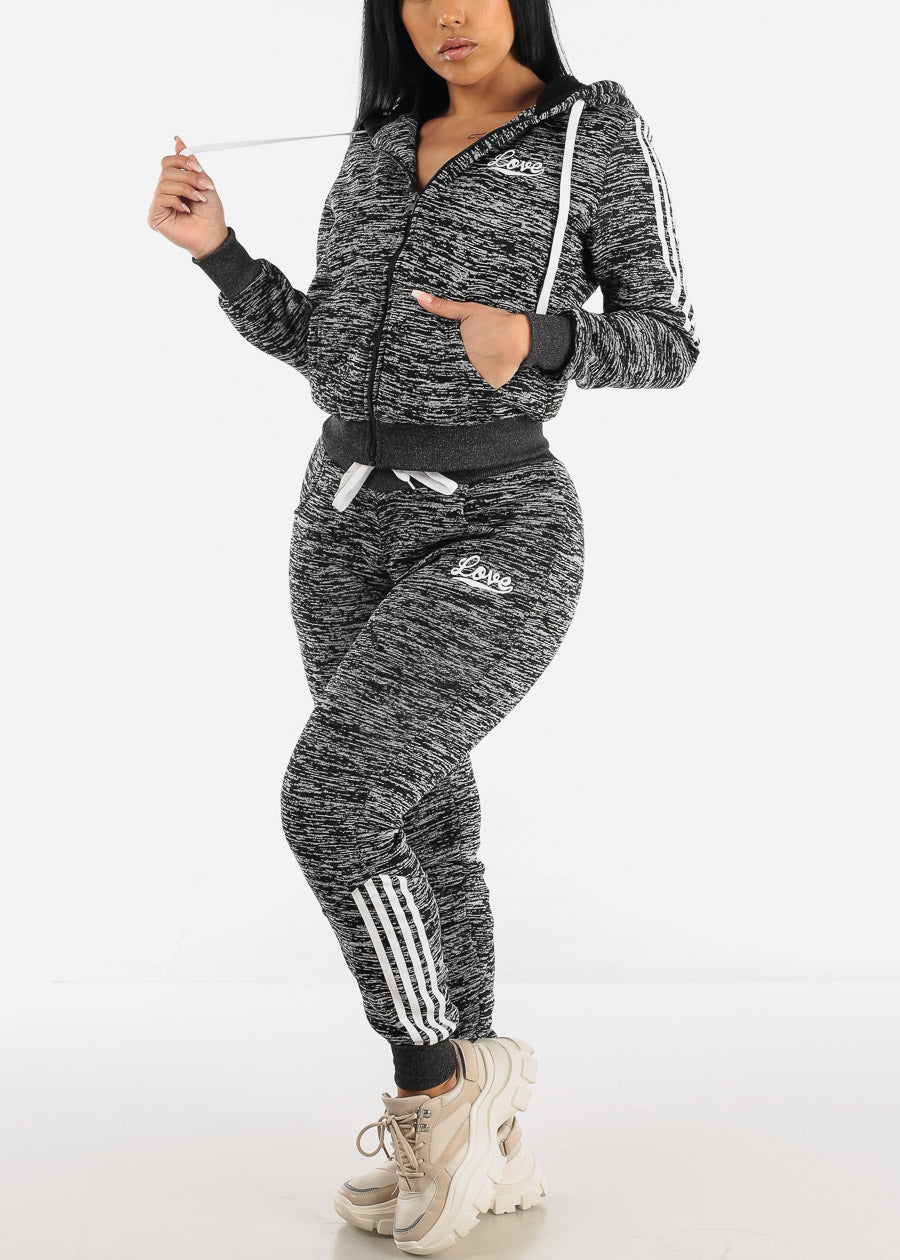 Printed Fleece Zip Up Hoodie & Jogger Sweatpants Charcoal ( 2 PCE SET)