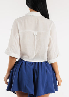 Short Sleeve Tie Front Button Up Cropped Shirt Off White