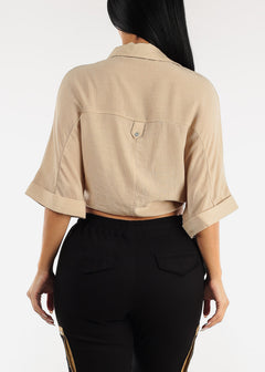 Short Sleeve Tie Front Button Up Cropped Shirt Beige