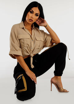 Short Sleeve Tie Front Button Up Cropped Shirt Beige