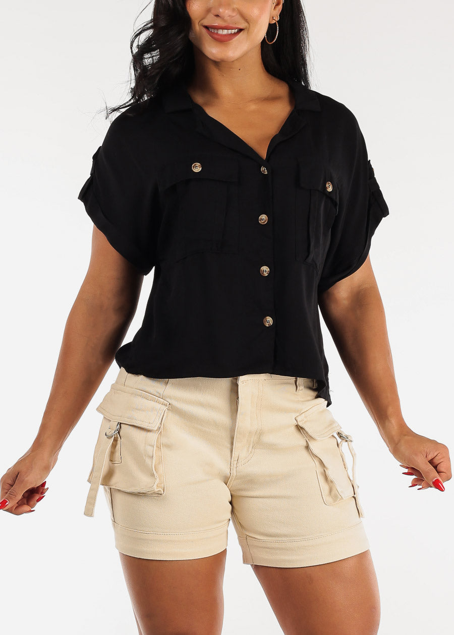Button Up Short Sleeve Cropped Rayon Shirt Black