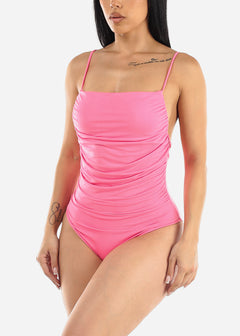 Shirred Backless Cami Bodysuit Hot Pink