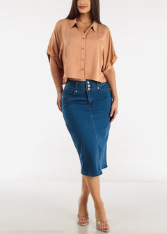 Cropped Short Sleeve Button Down Shirt Camel