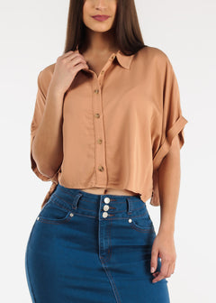 Cropped Short Sleeve Button Down Shirt Camel