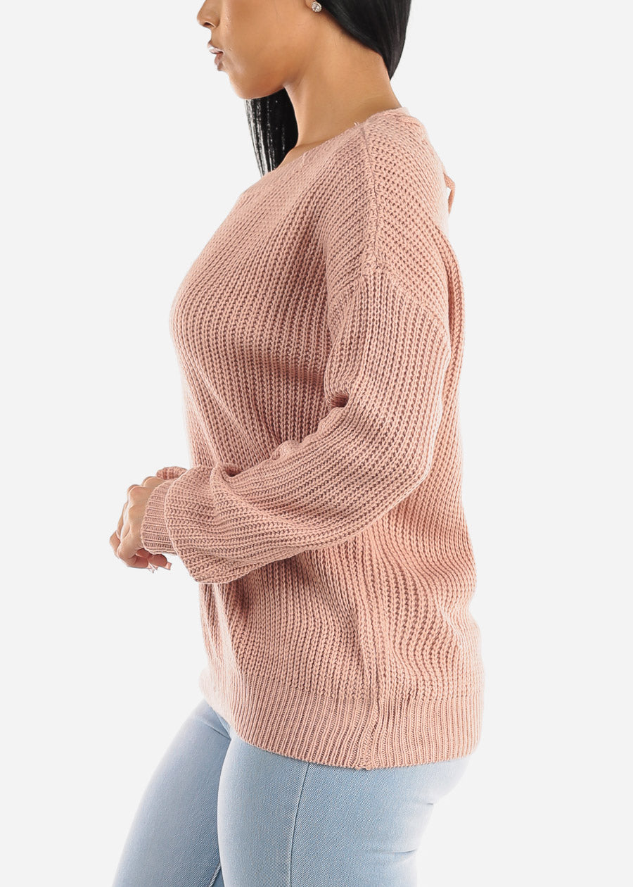 Back Lace Up Knit Long Sleeve Sweater Pink