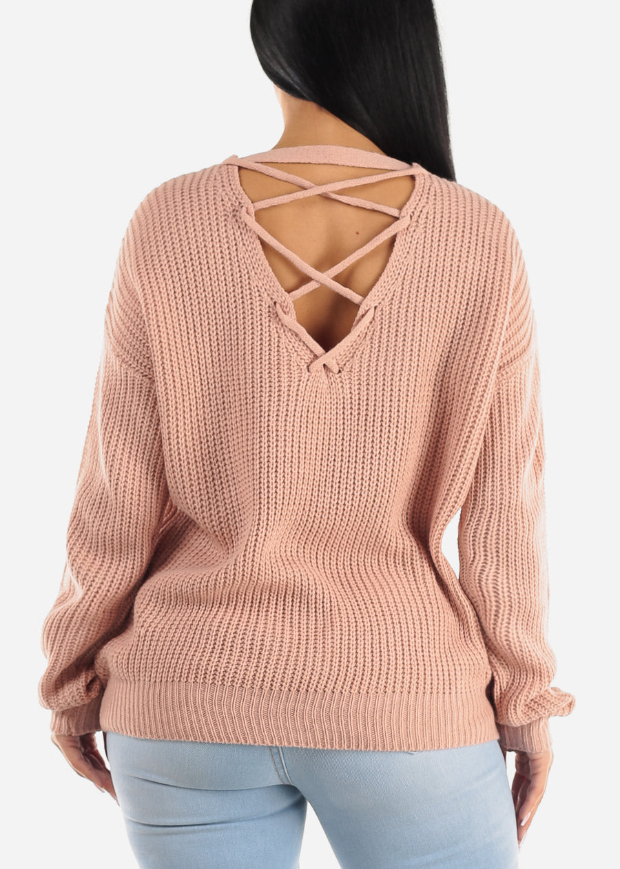 Back Lace Up Knit Long Sleeve Sweater Pink
