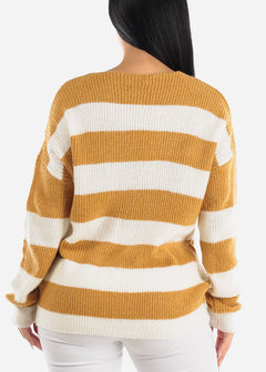 Vneck Soft Knit Striped Sweater Khaki & White