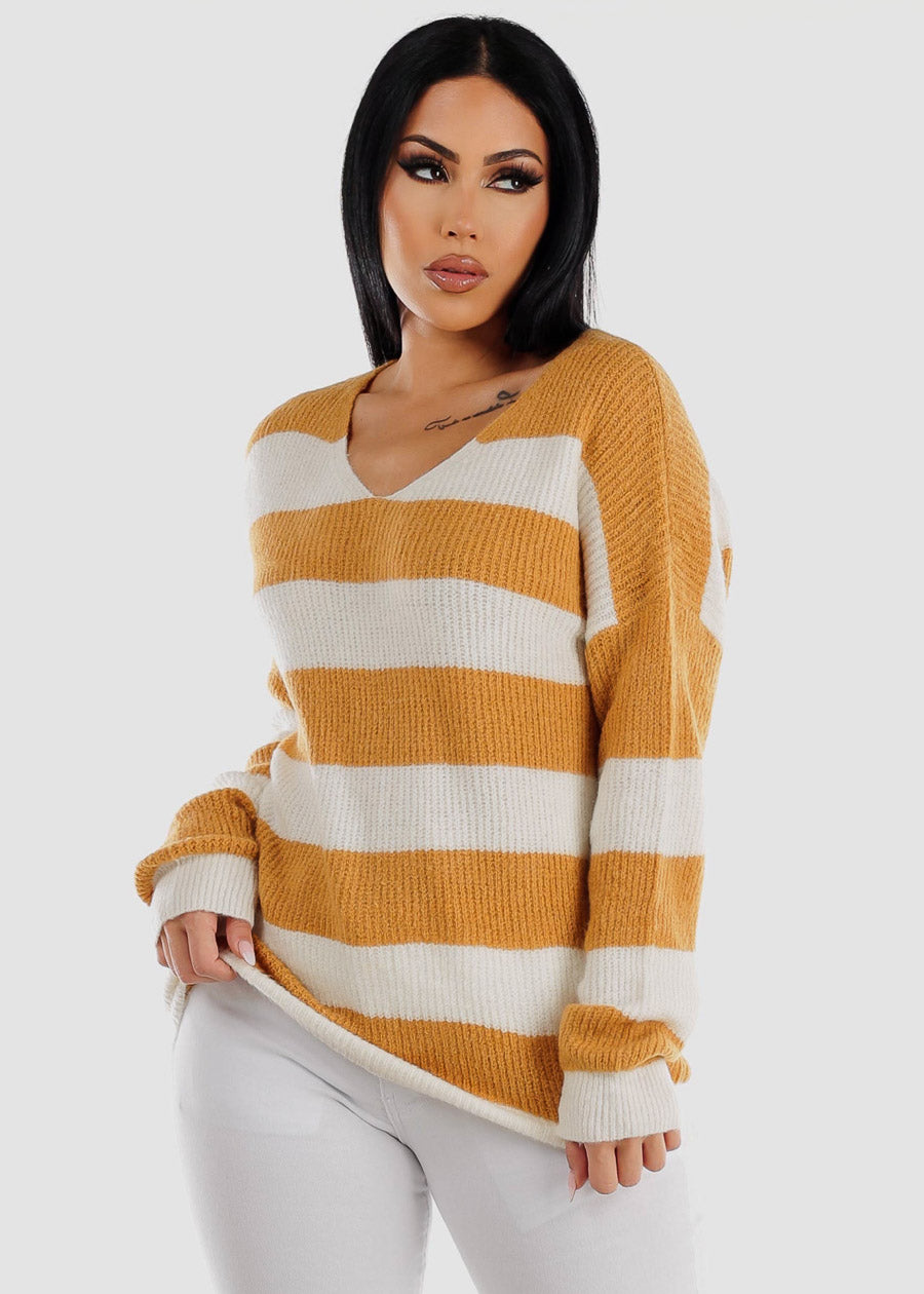 Vneck Soft Knit Striped Sweater Khaki & White