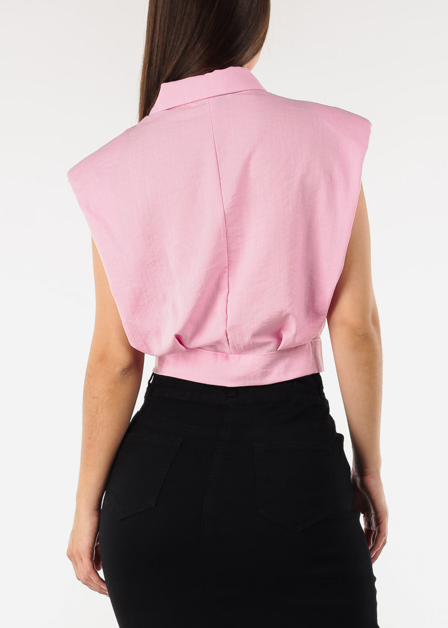 Padded Shoulders Button Up Top Pink