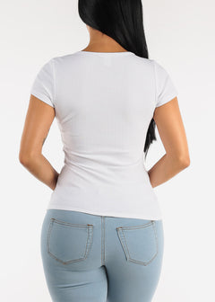 Short Sleeve Notched Ribbed Top White