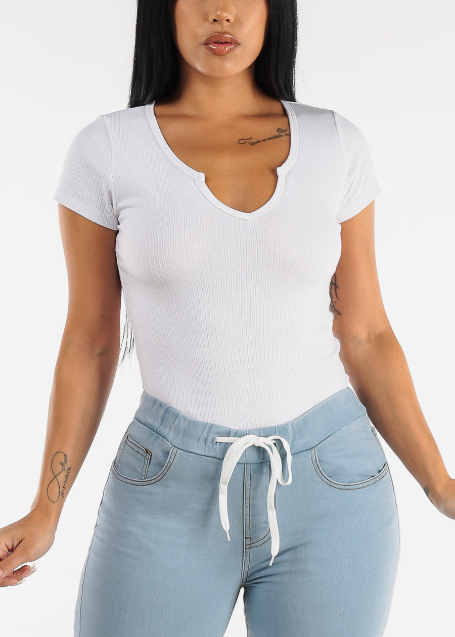 Short Sleeve Notched Ribbed Top White