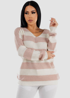 Vneck Soft Knit Striped Sweater Rose & White