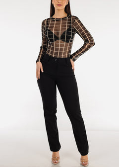 Black Shiny Mesh Long Sleeve Grid Print Thong Bodysuit