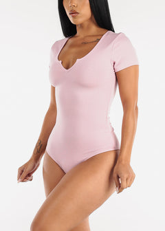Short Sleeve Notched Ribbed Bodysuit Pink