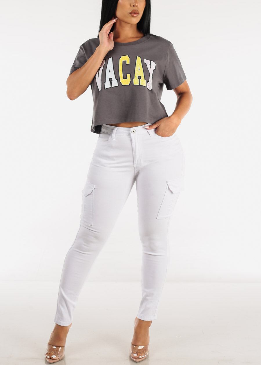 Short Sleeve Vacay Graphic Cropped Tee Charcoal