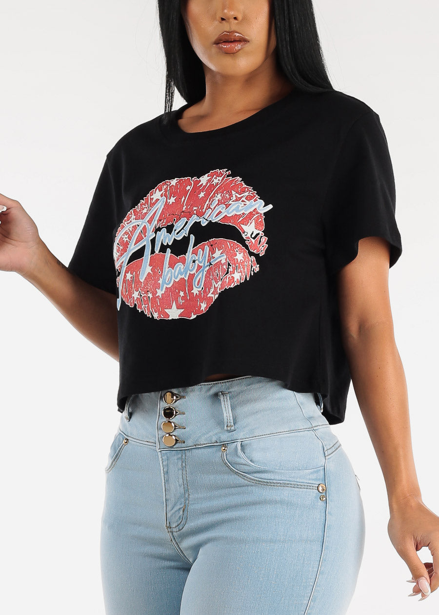 Short Sleeve American Baby Graphic Cropped Tee Black