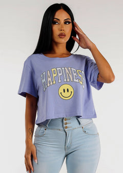 Short Sleeve Happiness Graphic Cropped Tee Lavender
