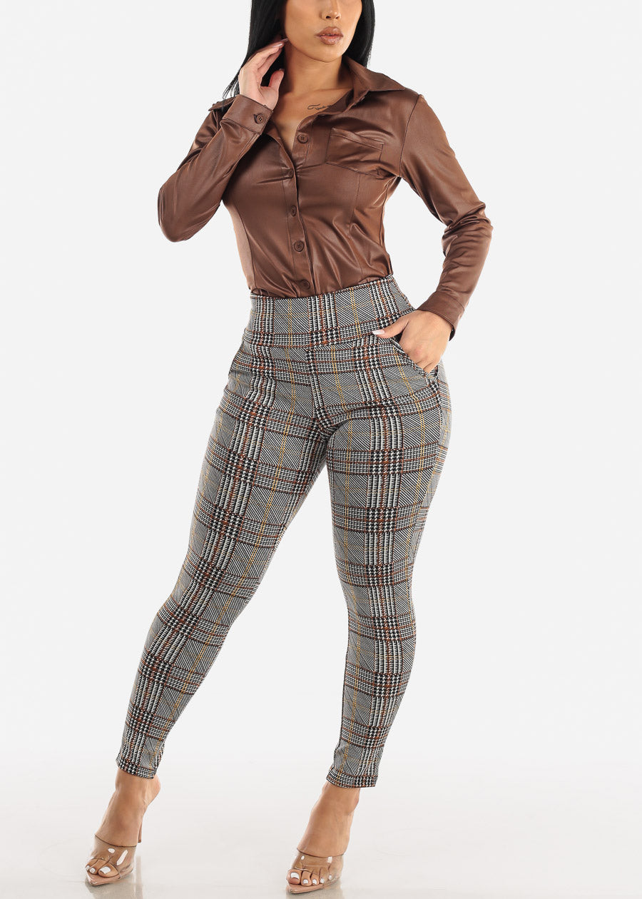 High Waist Pull On Levantacola Plaid Skinny Pants White