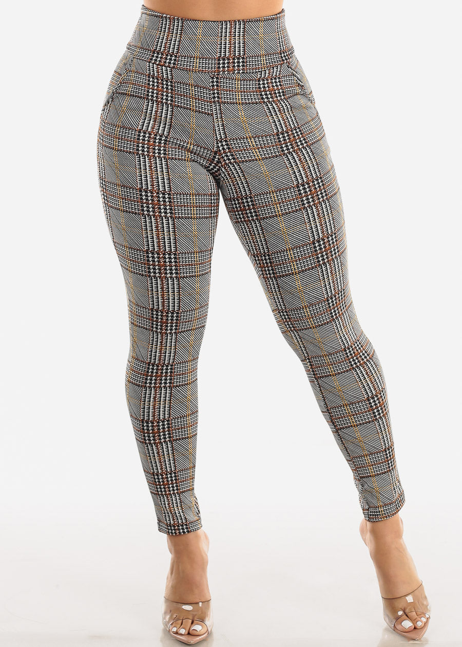 High Waist Pull On Levantacola Plaid Skinny Pants White