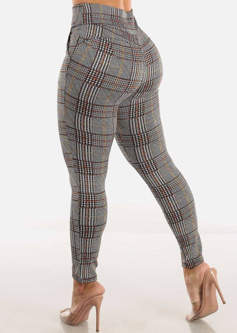 High Waist Pull On Levantacola Plaid Skinny Pants White