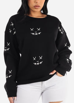 Long Sleeve Black Graphic Printed Oversized Sweater