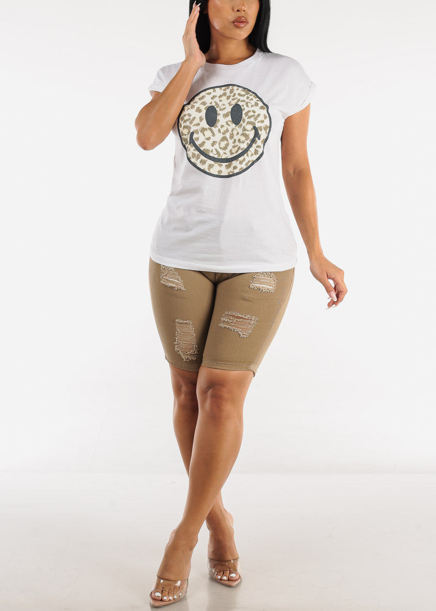 Cap Sleeve Leopard Happy Face Graphic Tee White