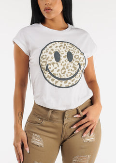 Cap Sleeve Leopard Happy Face Graphic Tee White