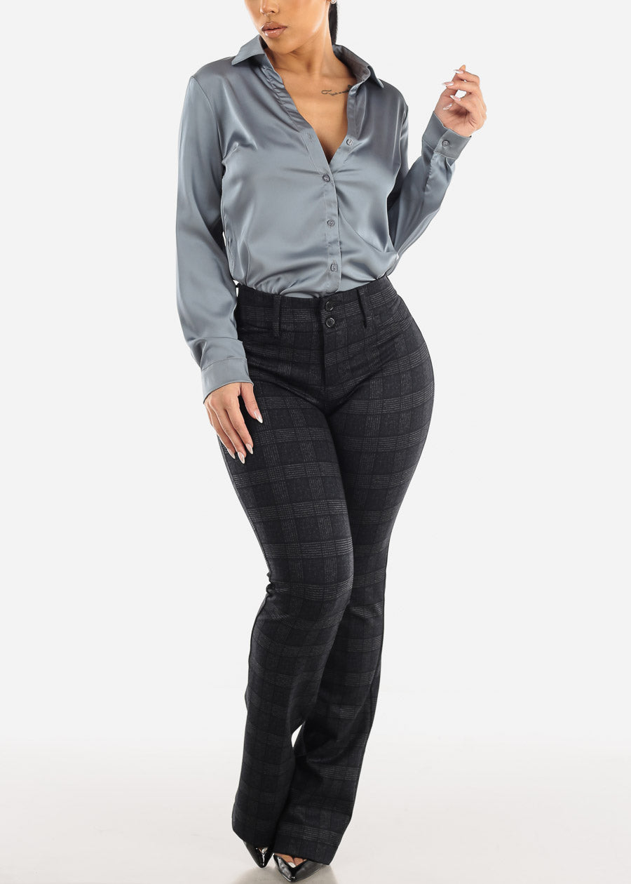 High Waist Plaid Bootcut Stretch Dress Pants Charcoal