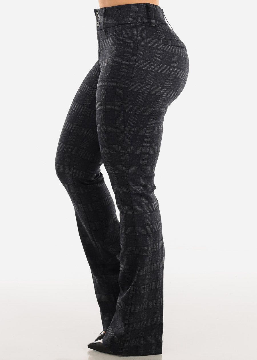 High Waist Plaid Bootcut Stretch Dress Pants Charcoal