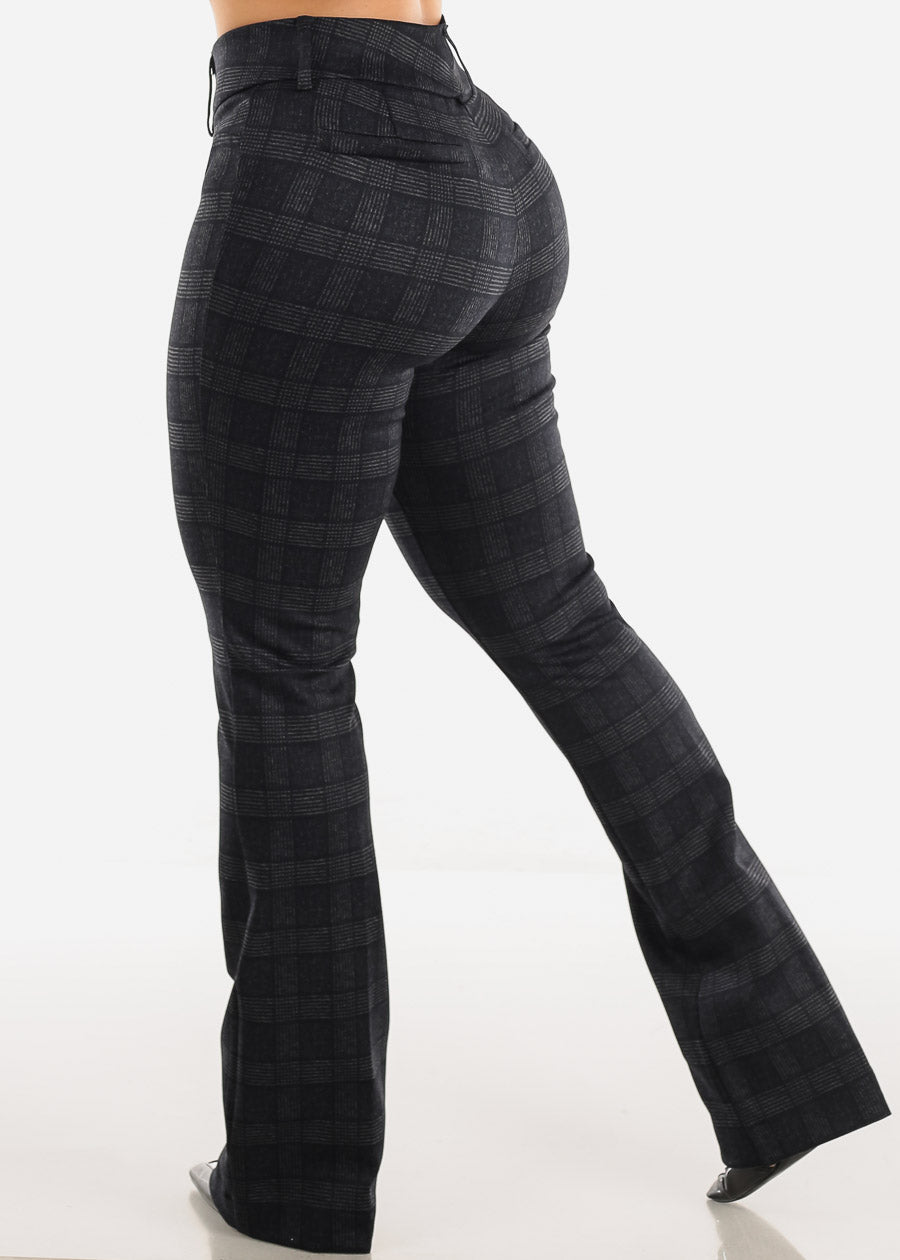 High Waist Plaid Bootcut Stretch Dress Pants Charcoal