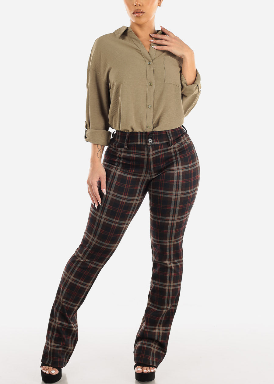 High Waist Plaid Bootcut Stretch Dress Pants Brown