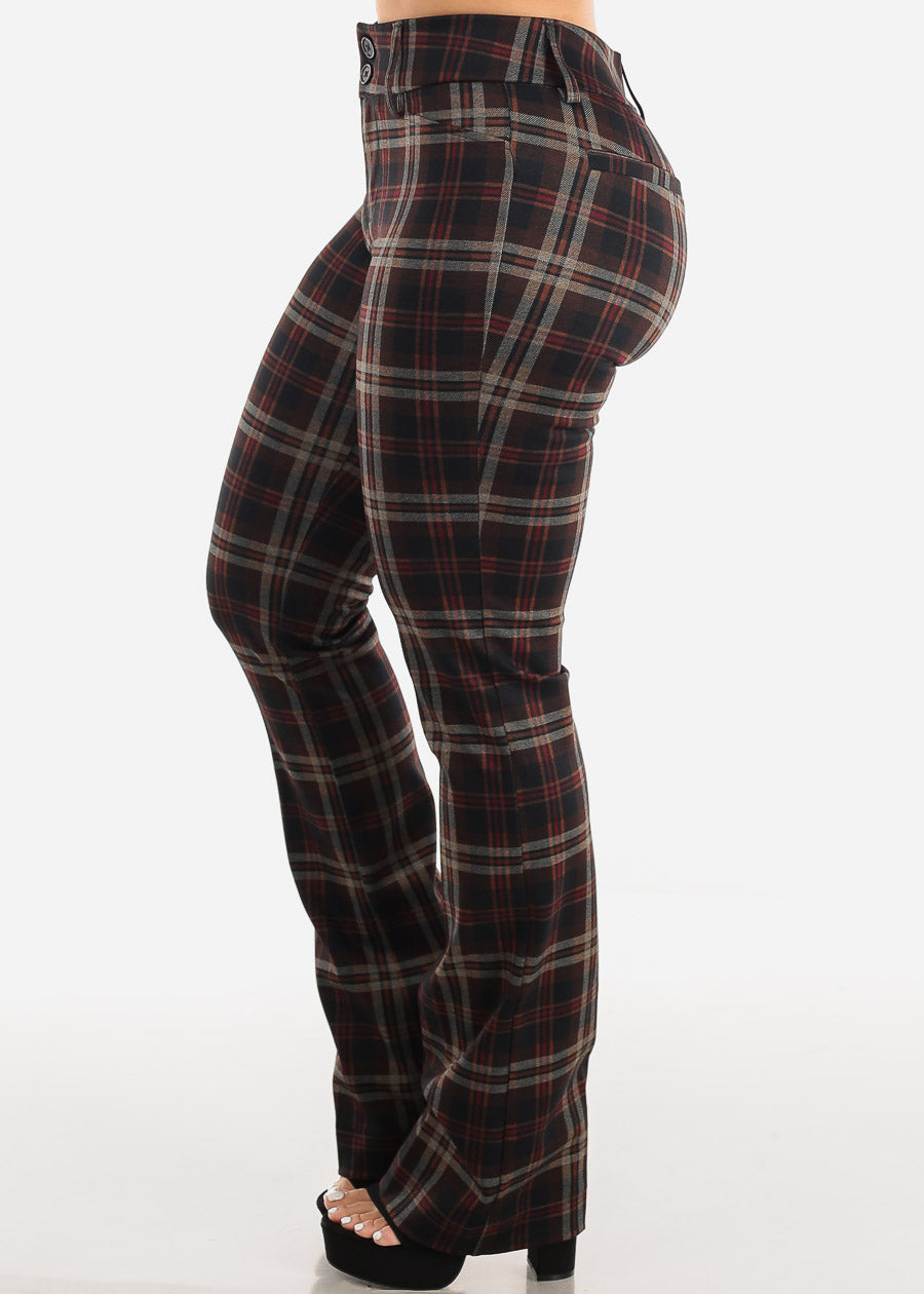 High Waist Plaid Bootcut Stretch Dress Pants Brown