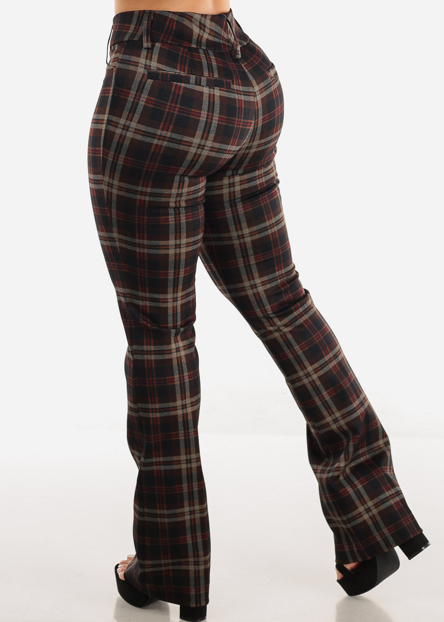 High Waist Plaid Bootcut Stretch Dress Pants Brown