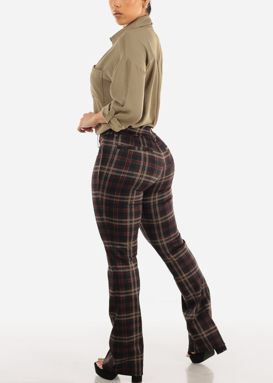 High Waist Plaid Bootcut Stretch Dress Pants Brown