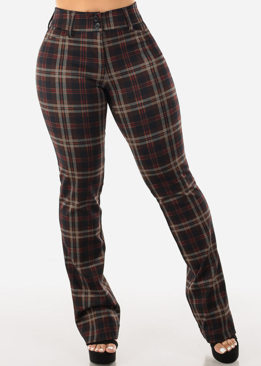 High Waist Plaid Bootcut Stretch Dress Pants Brown