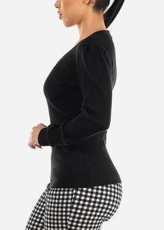 Black Rib Knit Long Sleeve V-Neck Sweater